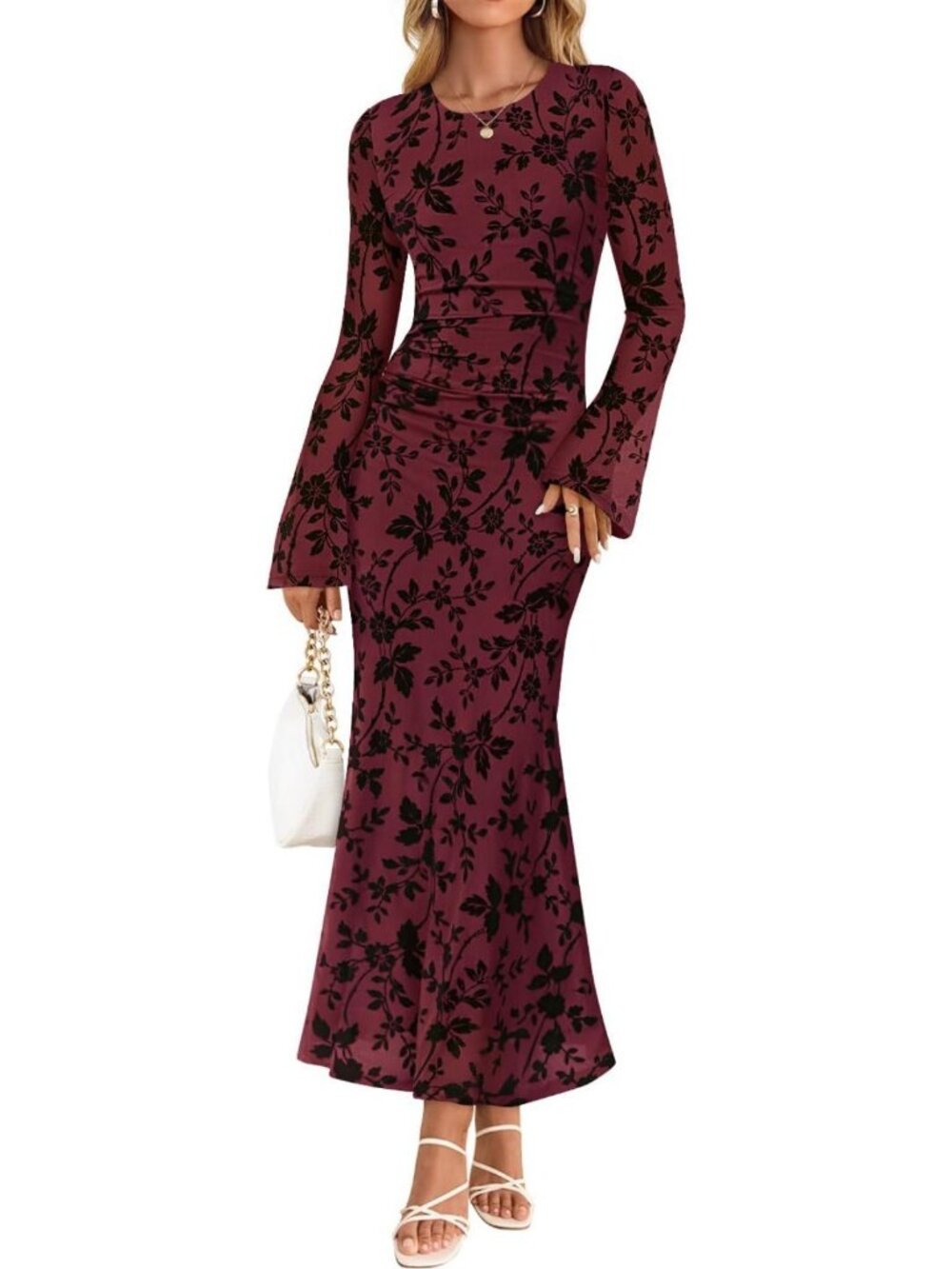 Floral Long Sleeve Bodycon Ruched Mesh Maxi Dress for Fall Events & Parties